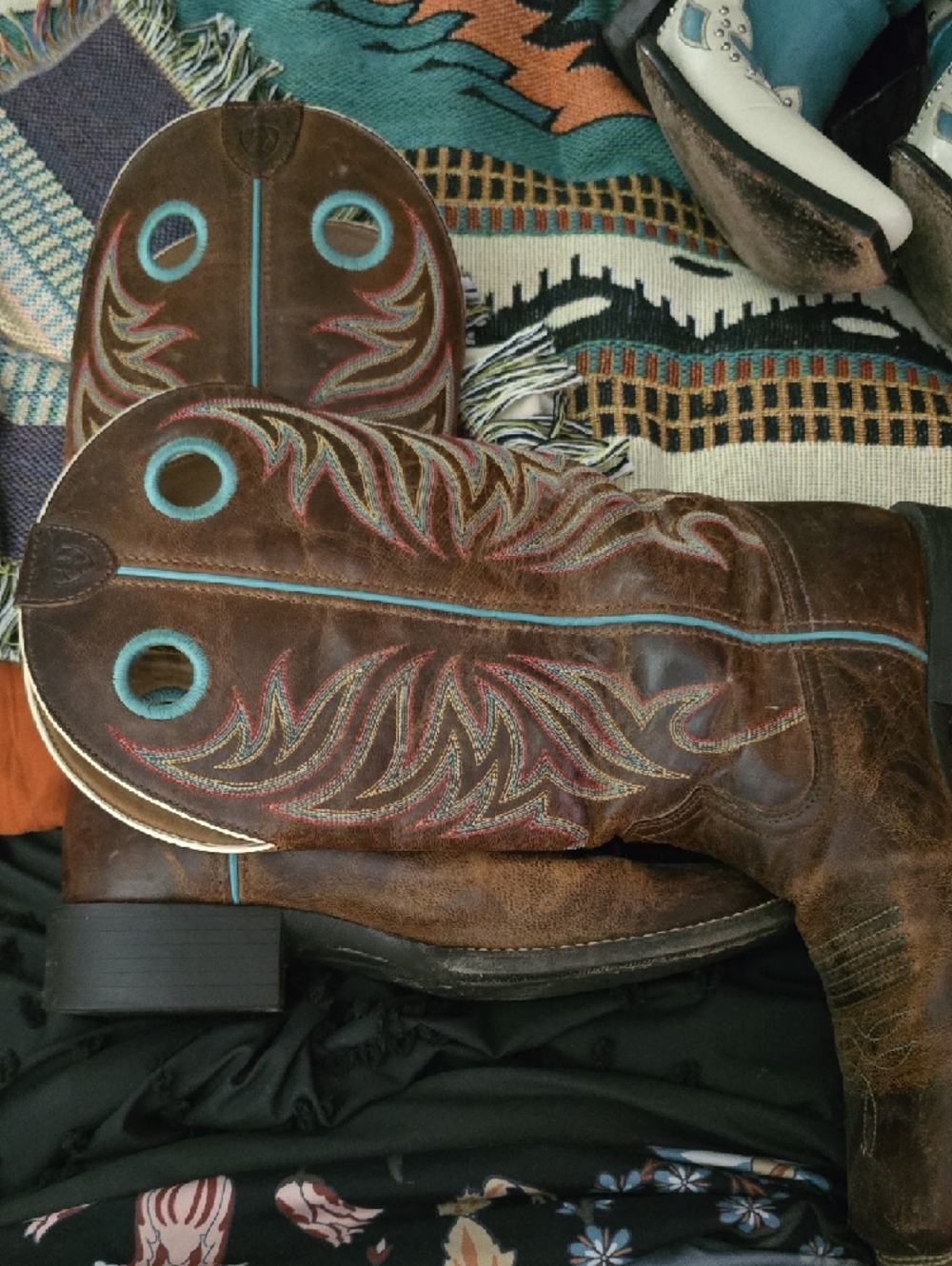 Ariat Brown Leather Boot with Teal Trim - Picture 5 of 9